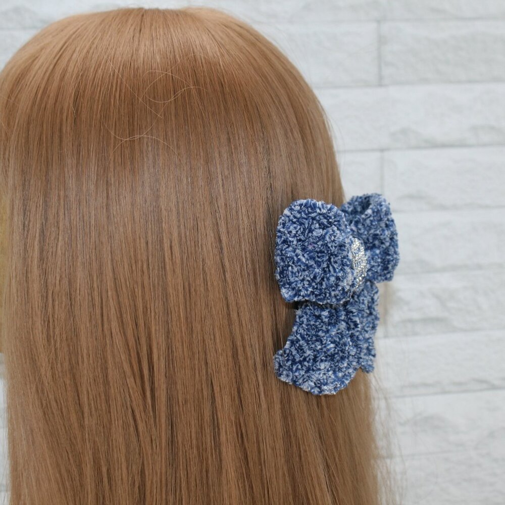 HAND CRAFTED Crochet Bow Chenille Velvet Hair Barrette Oversized Bling Blue - Picture 3 of 14